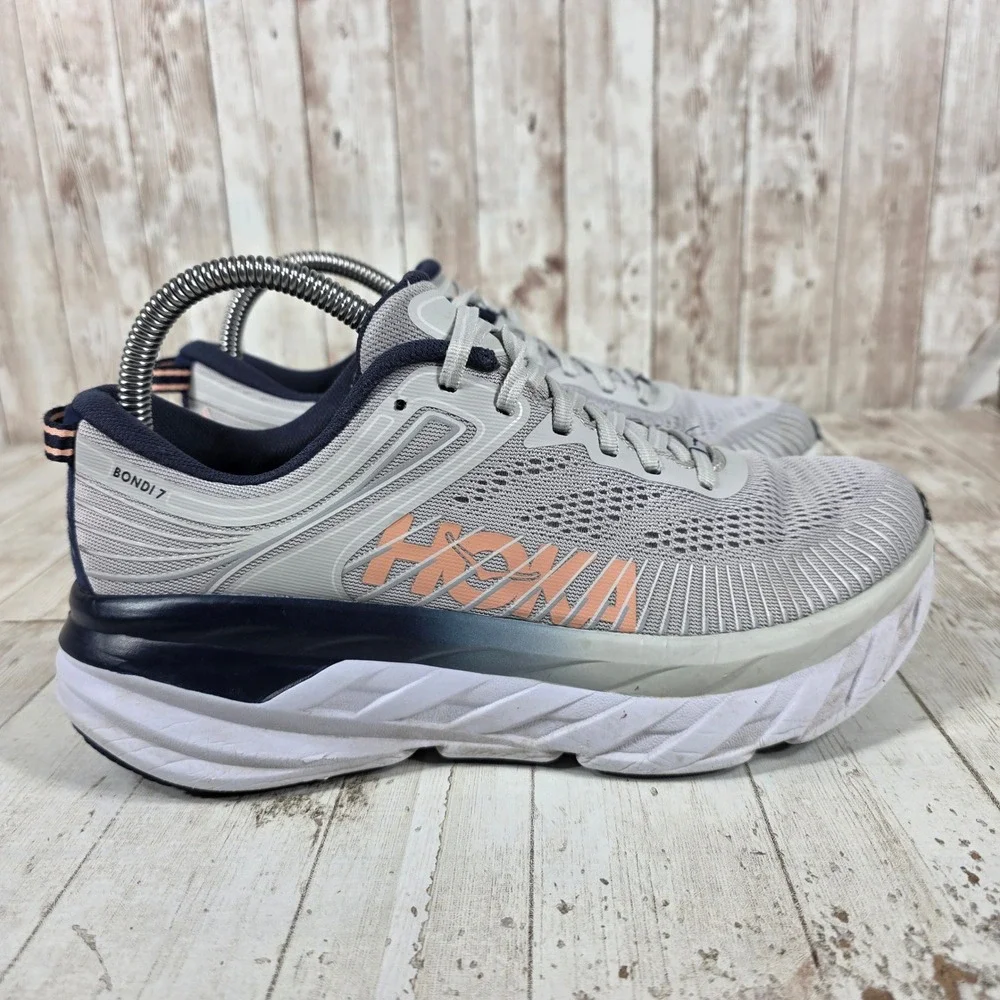 Hoka One One Bondi 7 Womens 8 Grey Blue Running Shoes 1110519 LRBI Sneaker
